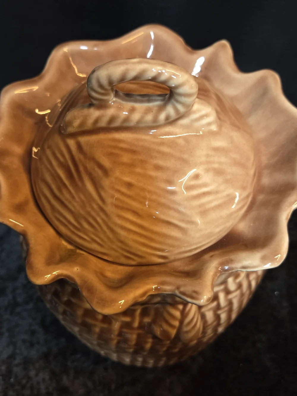 Mccoy Brown Glazed Ceramic Basketweave Cookie Jar with Lid